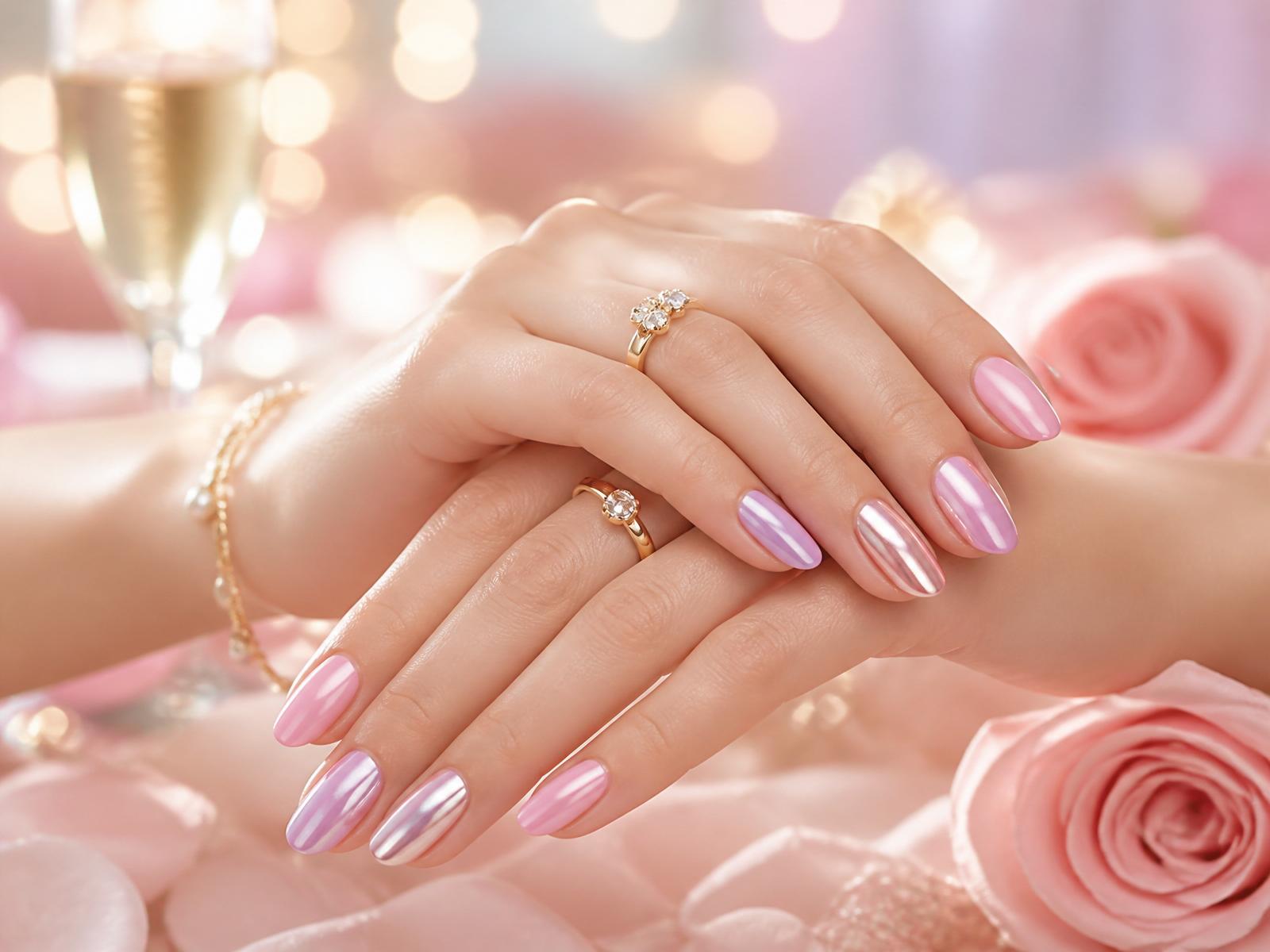 Glossy pink and lavender chrome nails